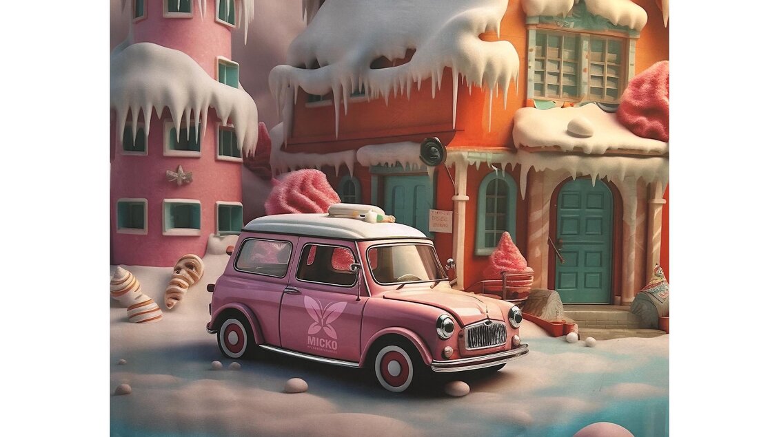 Eine bunte, winterliche Szene mit schneebedeckten Häusern und einem pinken Auto. Es sieht aus wie eine zauberhafte, märchenhafte Landschaft. | © Elisabeth Micko