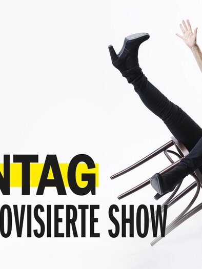 A woman falls from a chair and shows a surprised expression. The background is simple, and the words "MONDAY - THE IMPROVISED SHOW" are clearly visible. | © Theater im Bahnhof