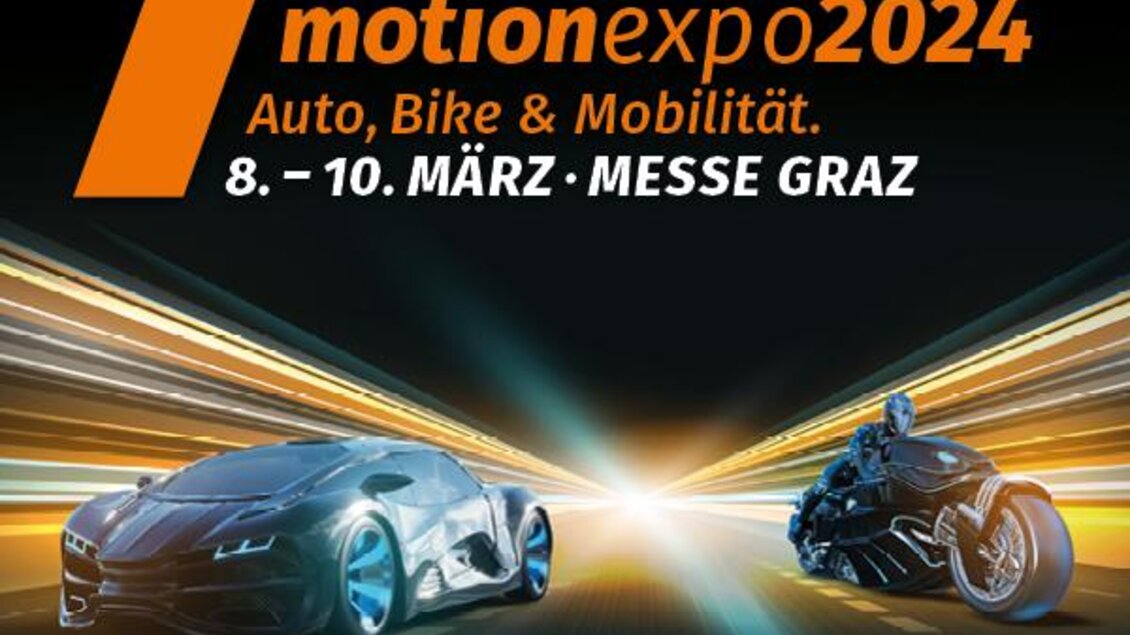 Ein modernes Design mit einem Auto und einem Motorrad. Die Veranstaltung "motionexpo2024" findet vom 8. bis 10. März in der Messe Graz statt.