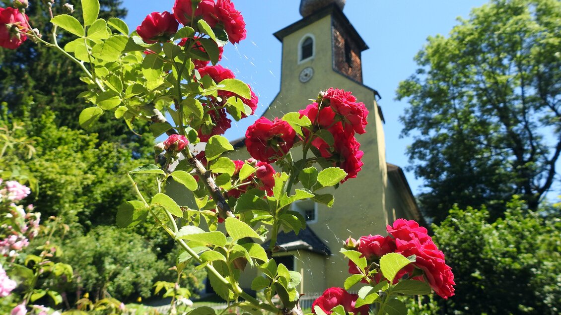 Eine bunte Blütenpracht mit roten Rosen im Vordergrund. Im Hintergrund steht eine alte Kirche unter klarem Himmel.