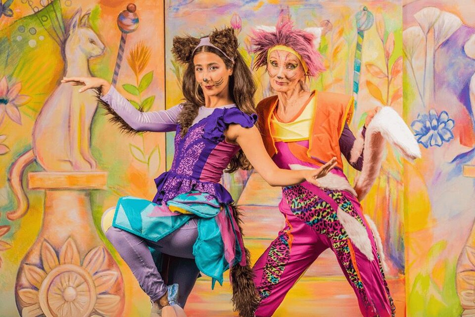 Zwei Personen in bunten Kostümen posieren vor einem bunten, gemalten Hintergrund. Sie haben fröhliche Gesichtsausdrücke und scheinen Teil einer Aufführung zu sein. | © Theater HEUSCHRECK