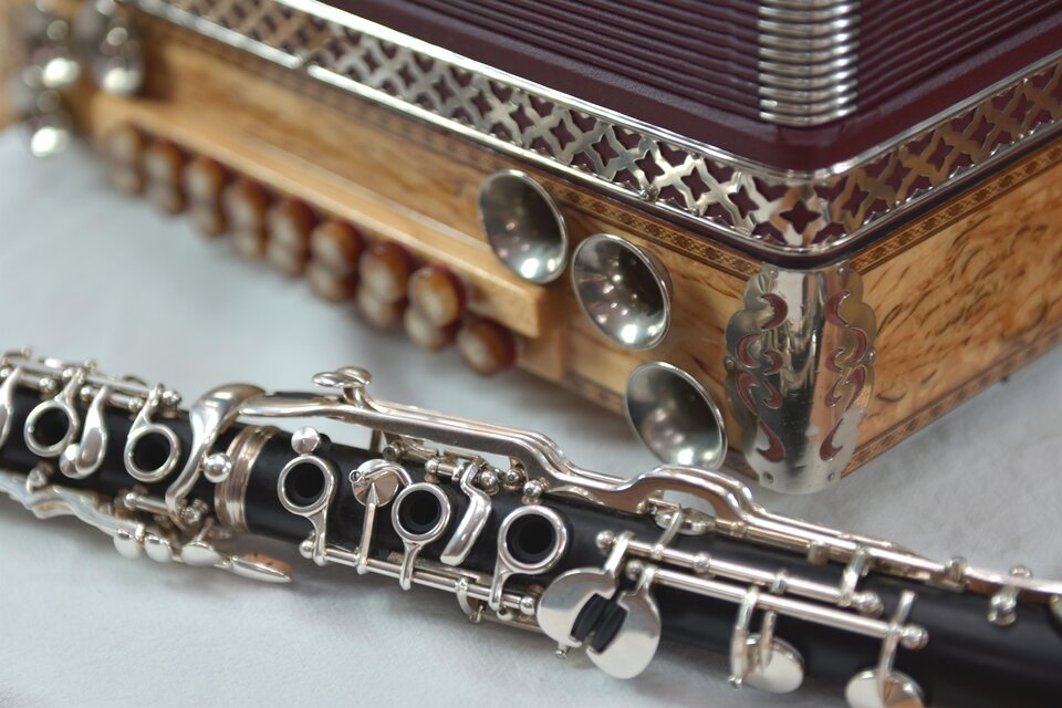 Eine detailreiche Ansicht von einem Akkordeon und einer Oboe. Beide Musikinstrumente sind in warmen Farben gehalten und zeigen kunstvolle Verzierungen. | © AdobeStock_Südsteiermark