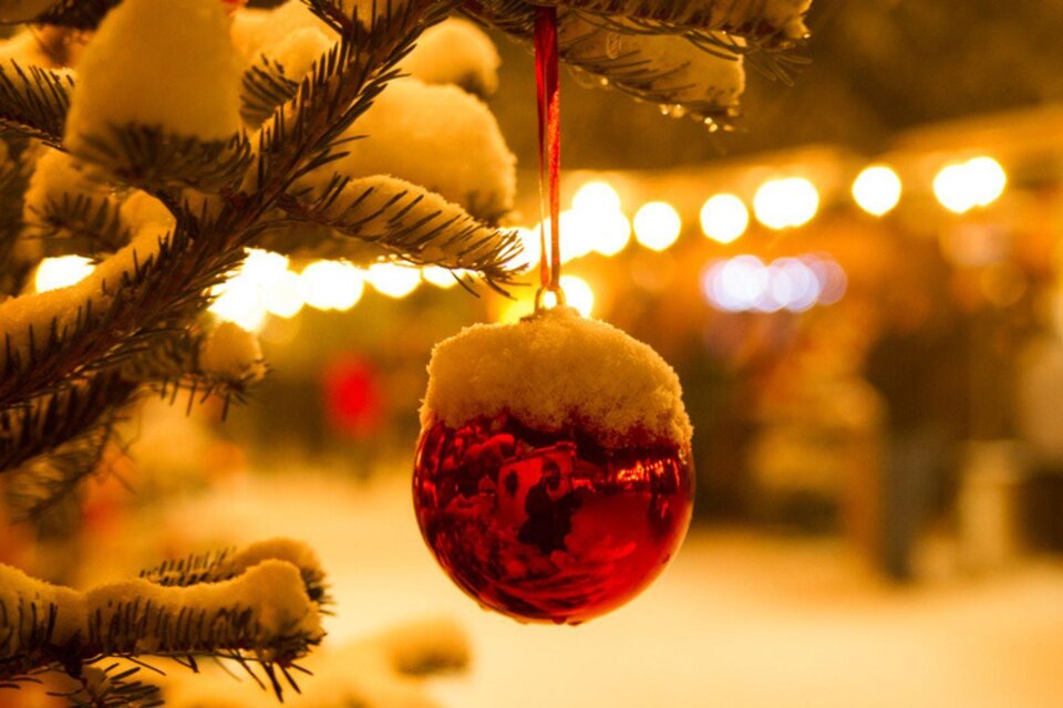 Eine rote Weihnachtskugel hängt an einem verschneiten Baum. Im Hintergrund sind festliche Lichter eines Weihnachtsmarktes zu sehen. | © Silvia Rastl