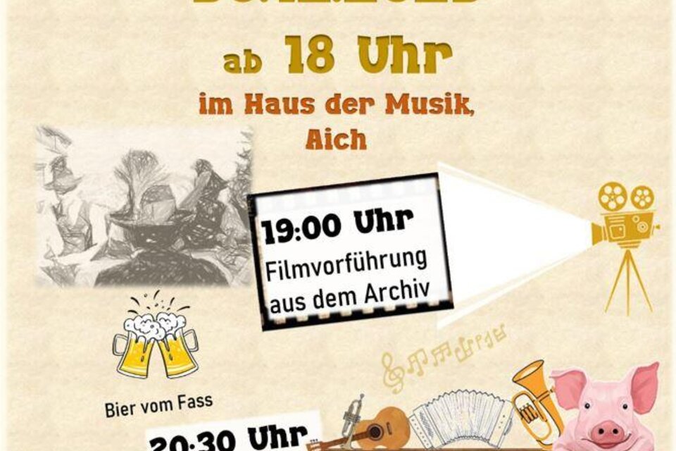 Ein Veranstaltungsposter für das "Bauernsilvester" am 30.12.2025 im Haus der Musik in Aich. Es sind Informationen zu Filmvorführungen und musikalischer Unterhaltung enthalten. | © Oacha Musi