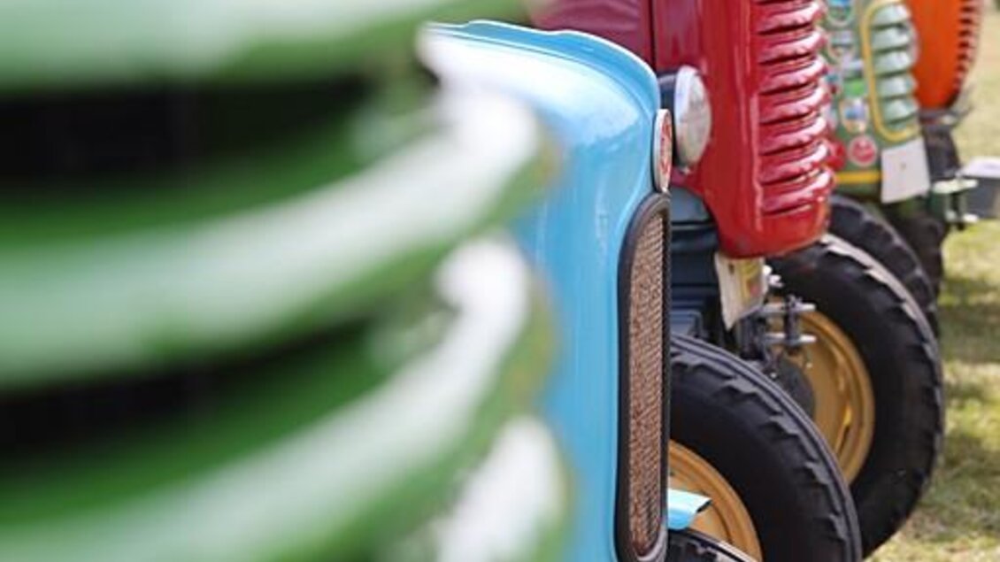 Eine Reihe von farbenfrohen Traktoren stehen auf einem Feld. Die Vorderansicht zeigt die verschiedenen Farben und Designs der Traktoren. | © Werner Thaler