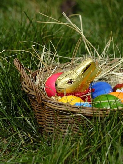 A basket with colorful chocolate eggs and a golden chocolate bunny is lying in the grass. The surroundings are friendly and festive, perfect for Easter. | © Pixabay