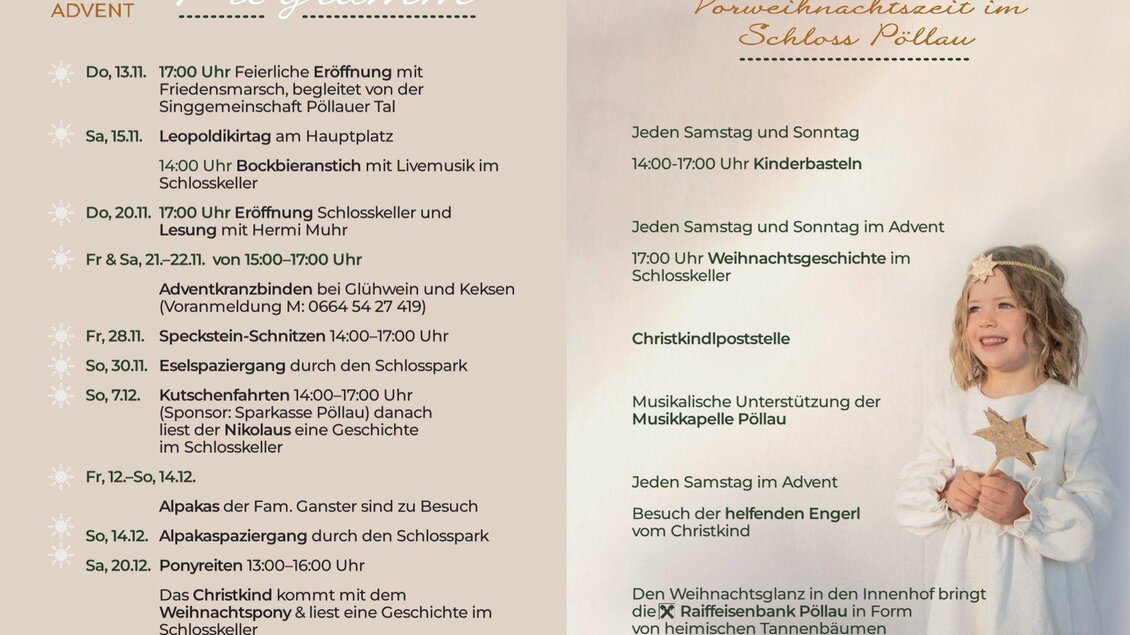 Ein informatives Plakat für den Pöllauer Schloss Advent 2025. Es zeigt die Veranstaltungsdaten und Öffnungszeiten sowie ein festliches Design mit weihnachtlichen Motiven. | © Ebner Maria