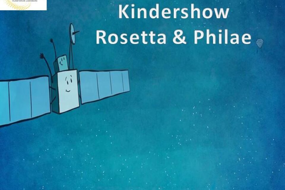 Ein fantasievolles Bild von einem Raumfahrzeug im Weltraum. Es trägt den Titel „Kindershow Rosetta & Philae“ und zeigt eine freundliche Atmosphäre. | © Sternenturm Judenburg