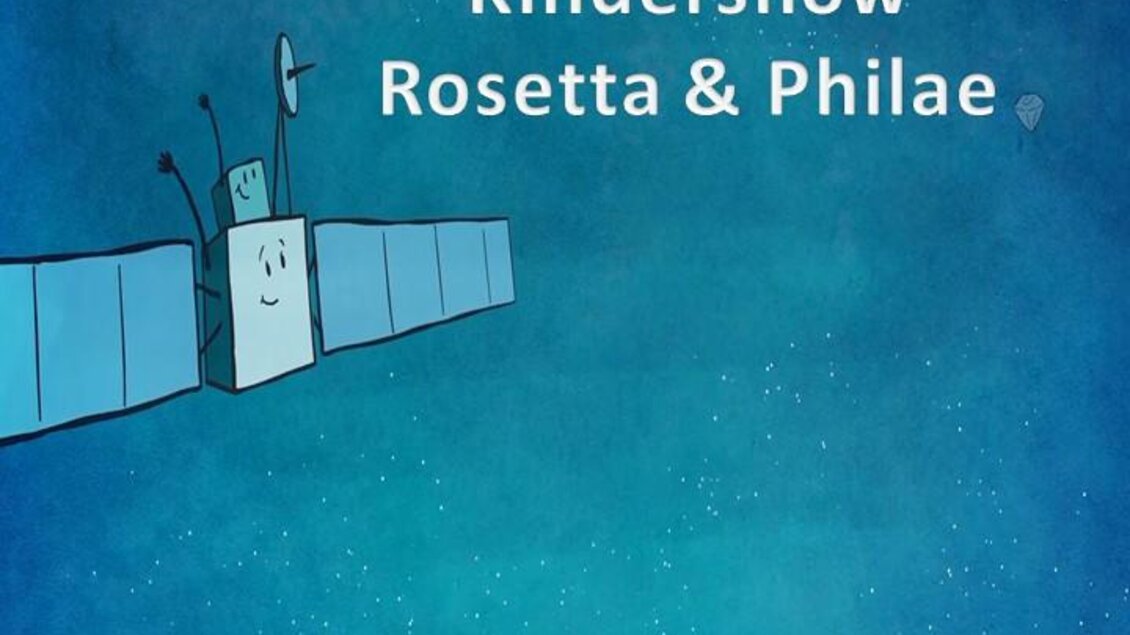 Ein fantasievolles Bild von einem Raumfahrzeug im Weltraum. Es trägt den Titel „Kindershow Rosetta & Philae“ und zeigt eine freundliche Atmosphäre. | © Sternenturm Judenburg
