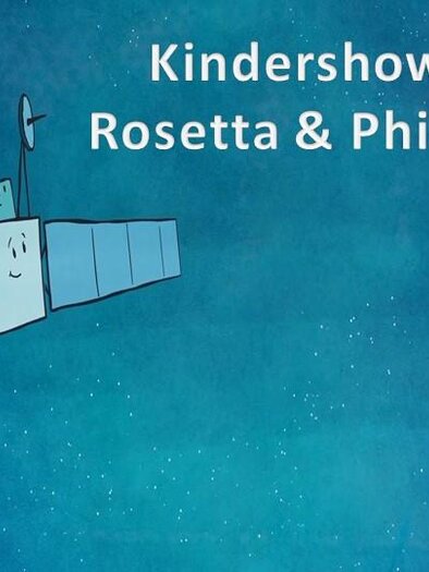 A imaginative image of a spacecraft in space. It is titled "Children's Show Rosetta & Philae" and depicts a friendly atmosphere. | © Sternenturm Judenburg