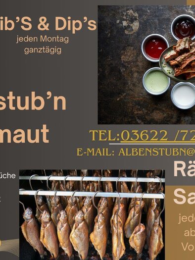 Ein Werbeflyer für das Restaurant Alpenstub’n Losermaut mit Informationen zu Öffnungszeiten und Spezialitäten. Gezeigt werden köstliche Speisen und Saucen in Schalen sowie geräucherter Saibling. | © Alpenstubn.
