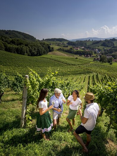 A group of people is spending time in a vineyard. The surroundings are green and sunny, with gentle hills in the background. | © Tom Lamm