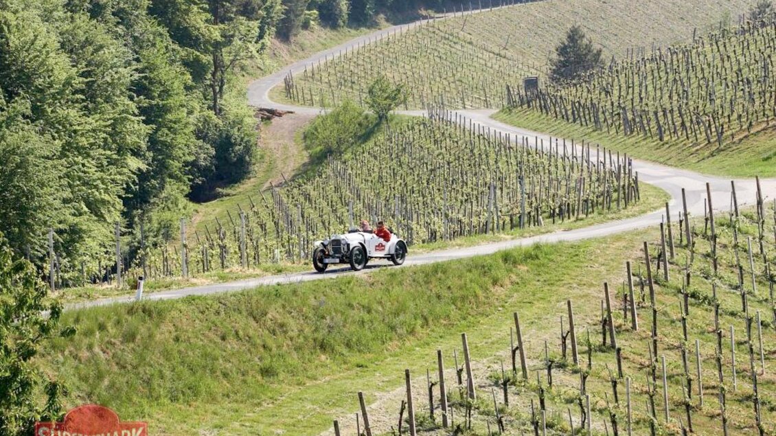 Eine malerische Weinlandschaft mit sanften Hügeln und Reihen von Rebstöcken. Ein klassisches Auto fährt auf einer kurvenreichen Straße durch die idyllische Szenerie. | © Motorsport Südsteiermark Classic