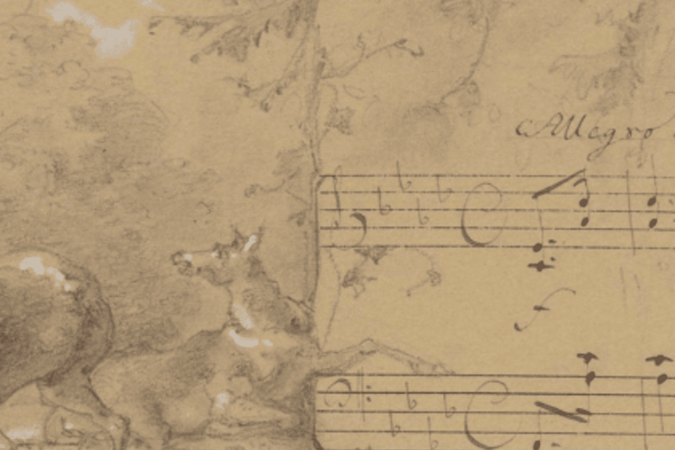 Eine Zeichnung von Rehen in einer natürlichen Umgebung, kombiniert mit Notenlinien. Der Hintergrund zeigt Bäume und eine dezente Landschaft. | © Gemeinfrei