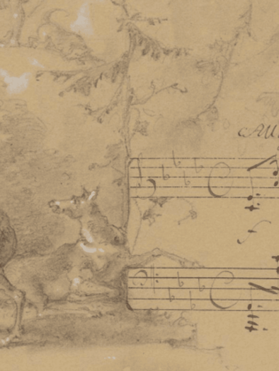 A drawing of deer in a natural environment, combined with staves. The background features trees and a subtle landscape. | © Gemeinfrei