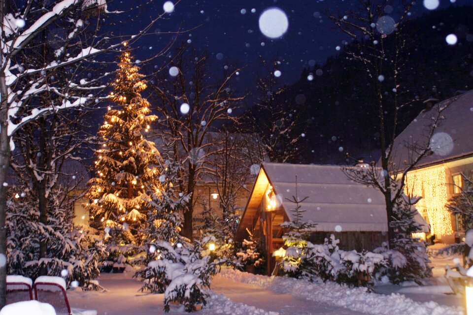 Ein winterlicher Garten mit einem festlich beleuchteten Weihnachtsbaum. Sanfter Schneefall und eine gemütliche Hütte runden die winterliche Stimmung ab. | © Tourismusverband Oststeiermark