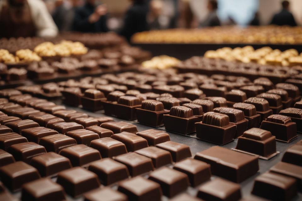 Eine große Auswahl an Schokoladenpralinen auf einem Tisch. Im Hintergrund sind Menschen zu sehen, die sich unterhalten und die Pralinen betrachten.