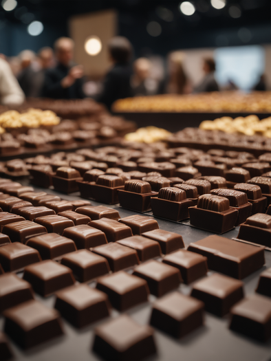 A large selection of chocolate pralines on a table. In the background, people can be seen talking and looking at the pralines.