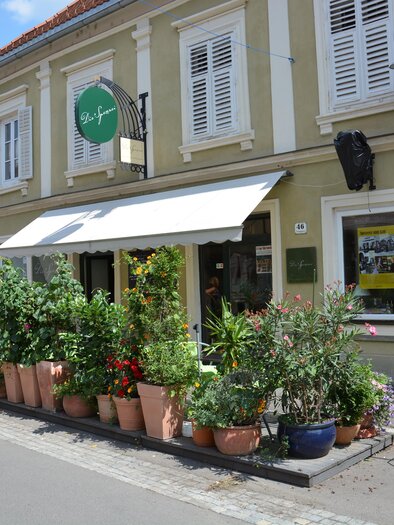 A charming restaurant with potted plants in front of the facade. The street is quiet and sunny, with several buildings in the background. | © Hermann