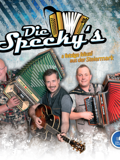 Drei Männer mit Akkordeons und einer Gitarre stehen auf einem bunten Hintergrund. Sie präsentieren sich als die Band "Die Specky’s" aus der Steiermark.
