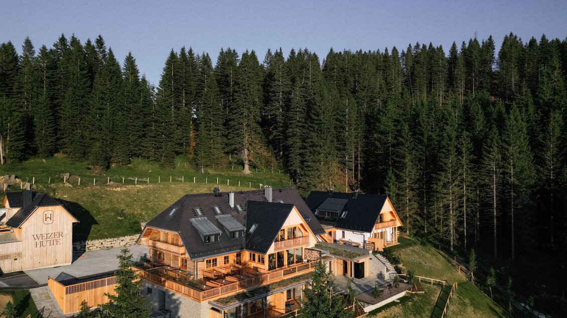 Ein gemütliches Holzhaus inmitten von hohen Tannenbäumen. Die Umgebung ist grün und einladend, ideal für einen ruhigen Rückzugsort. | © Weizerhütte