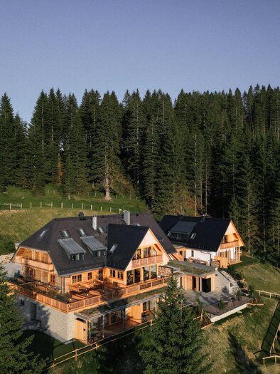 A cozy wooden house amidst tall fir trees. The surroundings are green and inviting, ideal for a quiet retreat. | © Weizerhütte