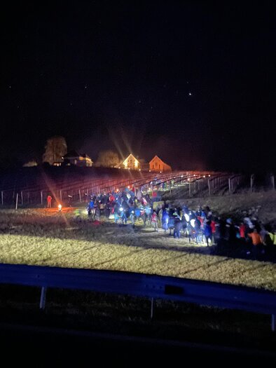 A large group of people is walking at night along a field. Illuminated houses can be seen in the background. | © Hannes Kofler