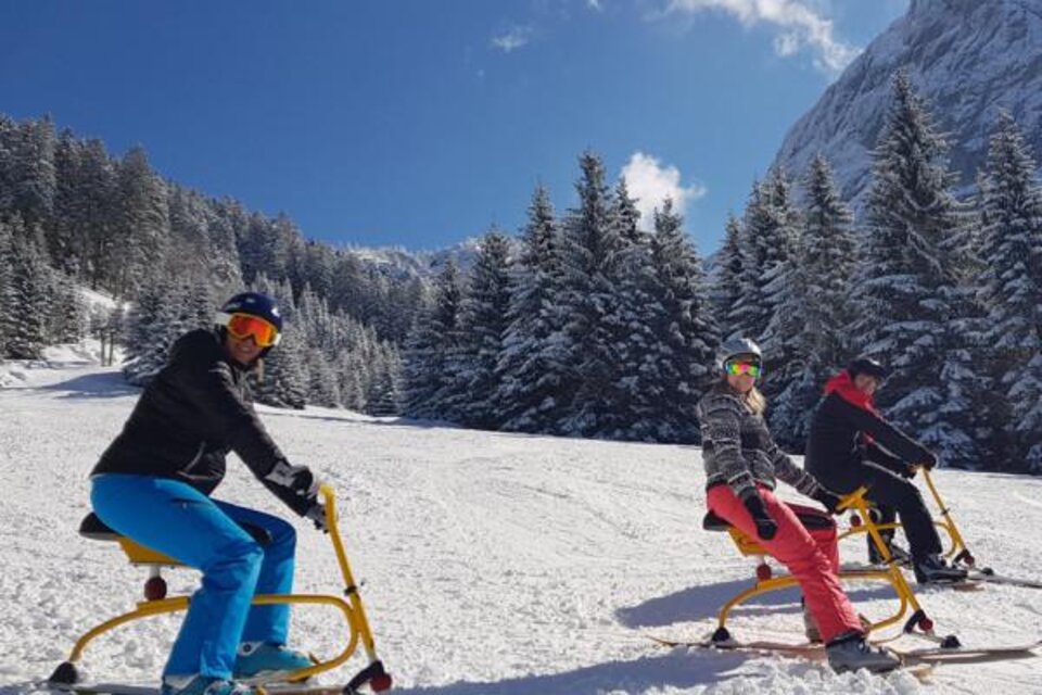 Drei Personen fahren auf speziellen Ski-Rädern auf einer schneebedeckten Piste. Im Hintergrund sind verschneite Tannenbäume und der blaue Himmel zu sehen. | © OCT Outdoor Consulting Team