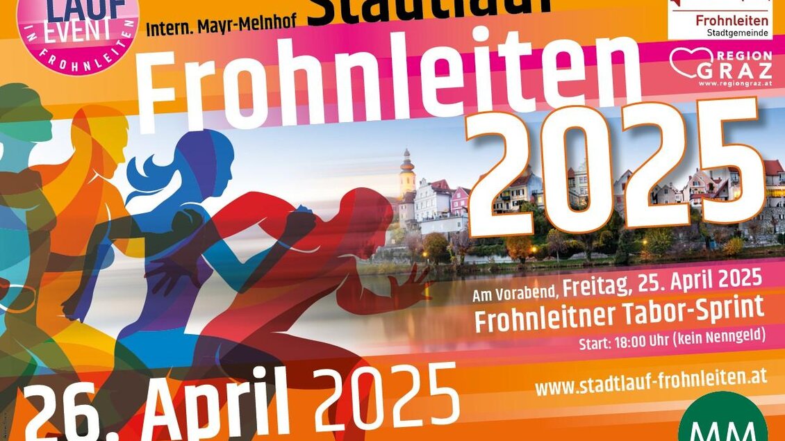 Stadtlauf in Frohnleiten 2025 mit dem Datum und Eventinformationen. Die Veranstaltung findet am 26. April 2025 statt und umfasst den Frohnleitner Tabor-Sprint am 25. April. | © WOKA