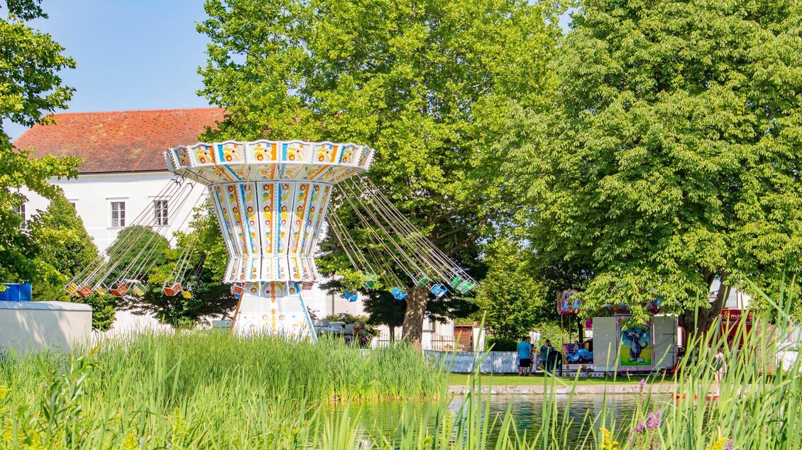 Ein bunter Wellenflug in einem Park voller grüner Bäume. Umgeben von einem Teich und viel frischem Gras. | © Sandra Brünner