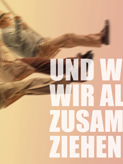 Three older men are swinging together on a swing. The background is softly rendered in pastel colors, and the text asks what happens when everyone works together. | ©  a.gon Theater