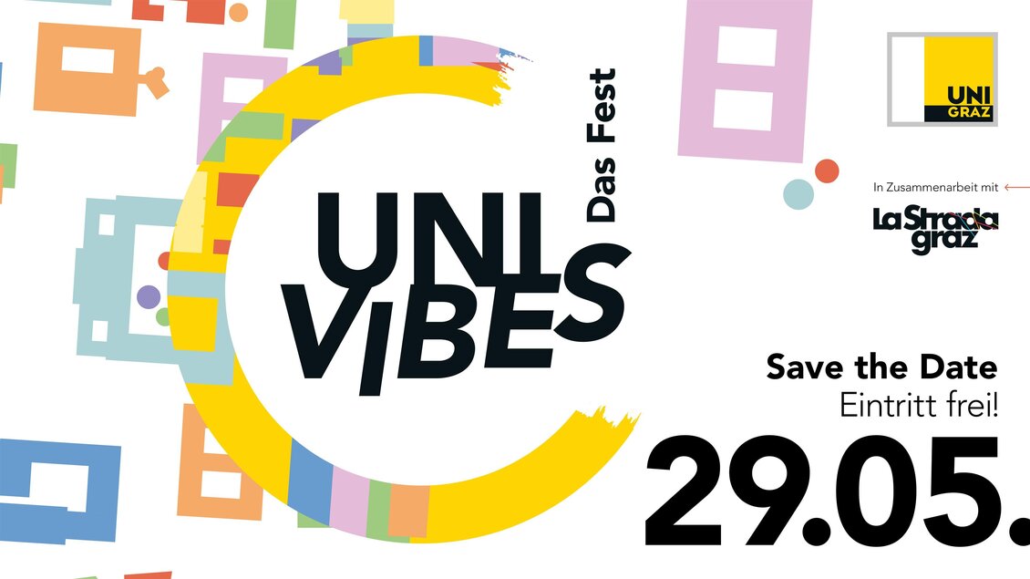 Ein farbenfrohes Plakat für das Fest "UNI VIBES". Es findet am 29. Mai statt und der Eintritt ist frei.
