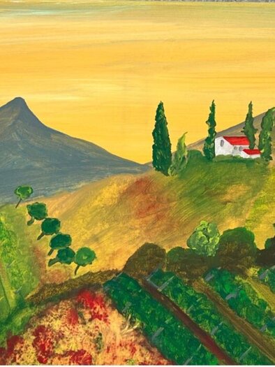 A picturesque landscape with gentle hills and vineyards. A small red house stands on one of the hills, surrounded by cypress trees. | © Sausaler Gustothek | Hans-Peter Weber