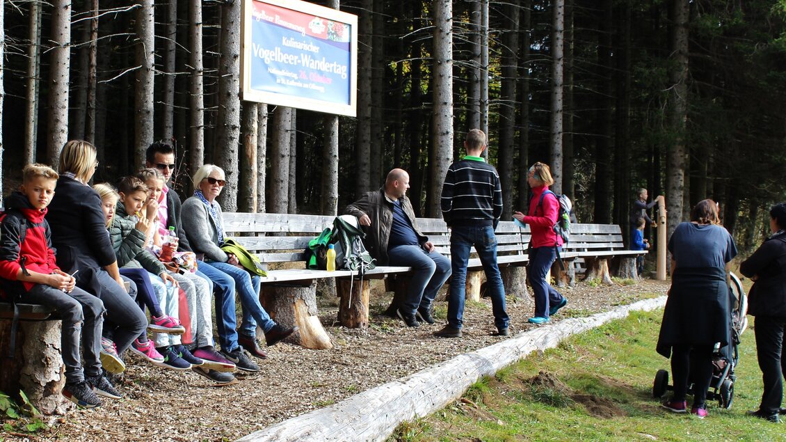 Gruppe von Wanderern auf der Langen Bank am Wanderweg in St. Kathrein am Offenegg | © Tourismusverband Oststeiermark