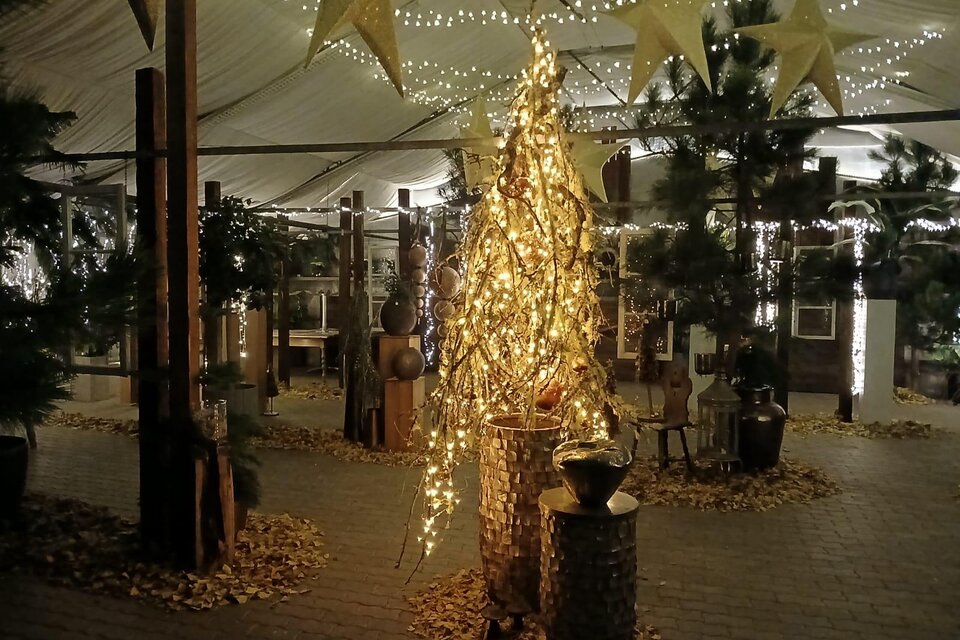 Ein schön dekorierter Raum mit einer leuchtenden Bauminstallation und festlichen Lichtern. Es sind Tannenzweige und goldene Sterne zu sehen, die eine einladende Atmosphäre schaffen.