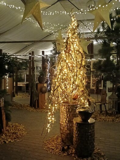 A beautifully decorated room with a glowing tree installation and festive lights. There are fir branches and golden stars visible, creating an inviting atmosphere.