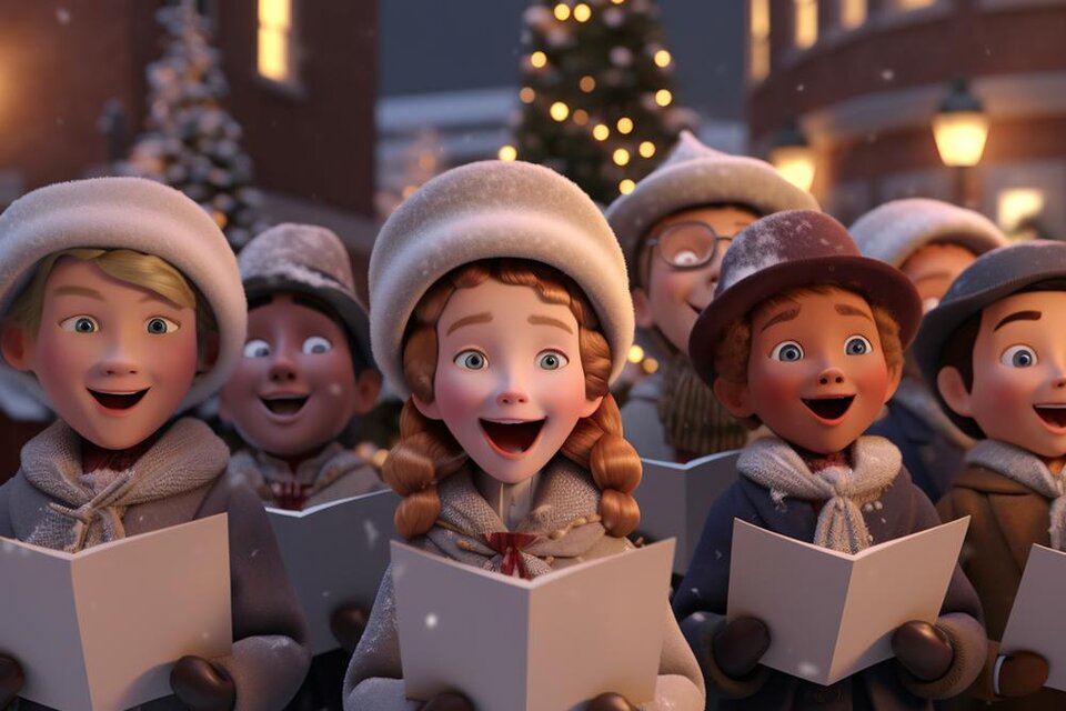 Eine Gruppe fröhlicher Kinder singt Weihnachtslieder. Sie tragen warme Kleidung und stehen in einer festlich geschmückten Umgebung. | ©  Freepik