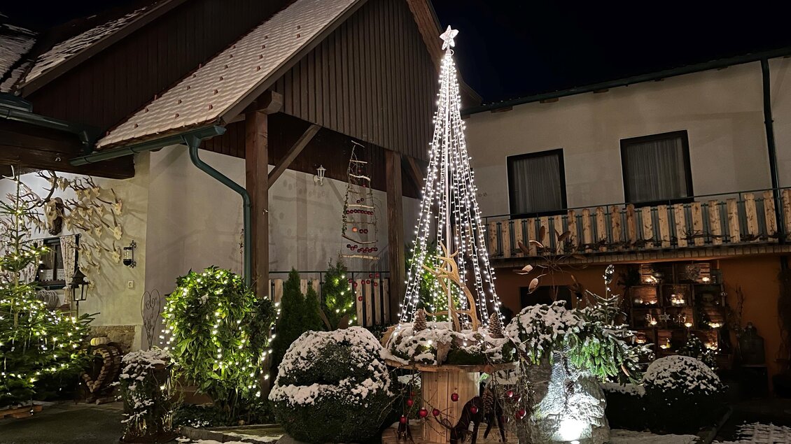 Eine festlich dekorierte Ecke mit einem beleuchteten Weihnachtsbaum und schneebedeckten Pflanzen. Im Hintergrund sind ein Haus und weitere Lichter zu sehen. | © Wirtshaus Meißl