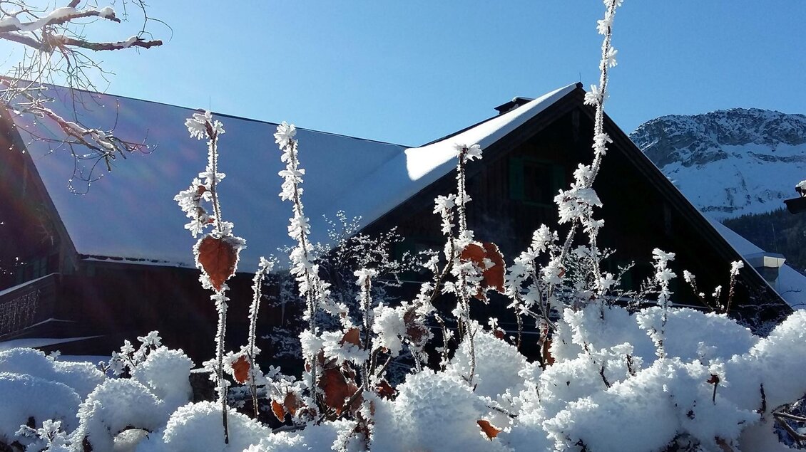 Eine verschneite Landschaft mit frostigen Pflanzen im Vordergrund. Im Hintergrund sind ein charmantes Gebäude und schneebedeckte Berge zu sehen. | © Petra Kirchschlager