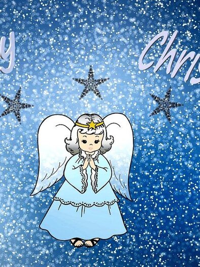 A sweet angel in a blue dress stands before a sparkling, star-studded background. The text "Merry Christmas" is clearly visible. | © Pixabay Symbolfoto 