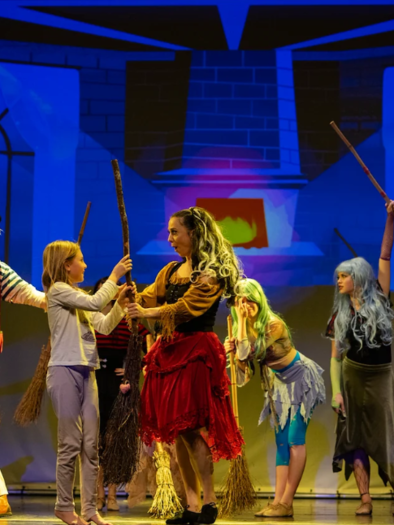 Eine lebhafte Theateraufführung mit Schauspielern in fantasievollen Kostümen. Die Charaktere halten Besen und interagieren auf einer bunten Bühne. | © Website Oststeiermark