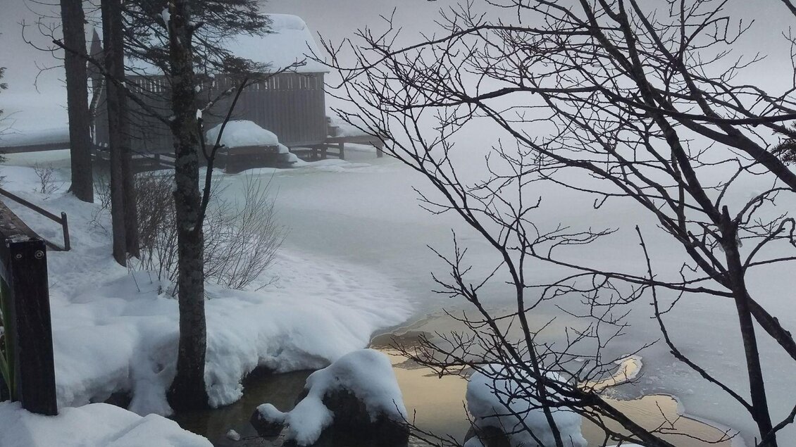 Eine winterliche Landschaft mit einem gefrorenen See und Schnee. Im Hintergrund steht eine Holzstr Struktur, umgeben von nebliger Atmosphäre. | © Christina Arzberger