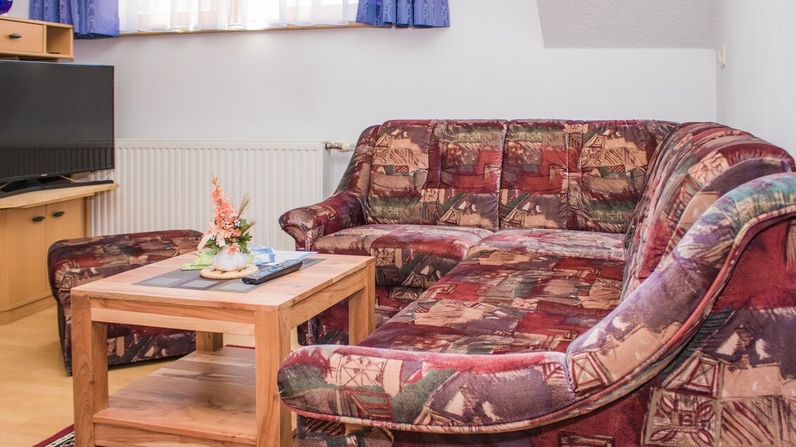 Ein gemütliches Wohnzimmer mit einem bunten Sofa und einem Tisch. Ein Fernseher und eine dekorative Blumenvase befinden sich im Raum. | © Gerhard Schernthaner