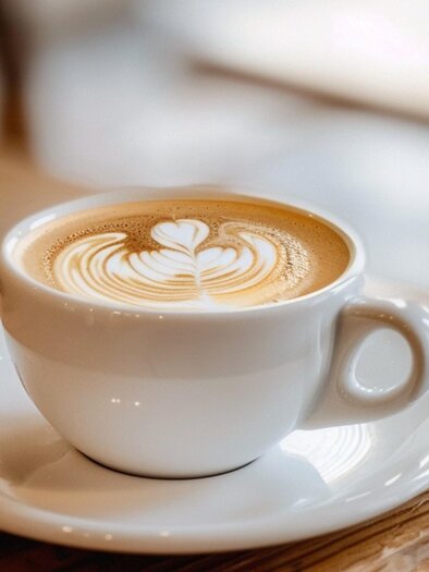 Cappuccino in white cup with latte art heart on a wooden table | © Midjourney - Benedikt Trummer