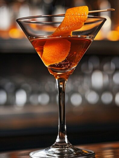 Cocktail in a martini glass with orange zest served on the bar counter. | © Midjourney_Sarah Herzog