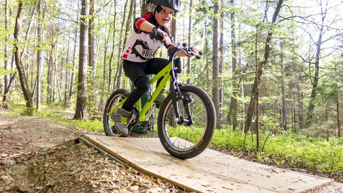 Ein Junge fährt auf einem Mountainbike über eine Holzrampe im Wald. Er trägt einen Helm und hat Spaß beim Radfahren in der Natur. | © 3Eiben Kids Bike Park