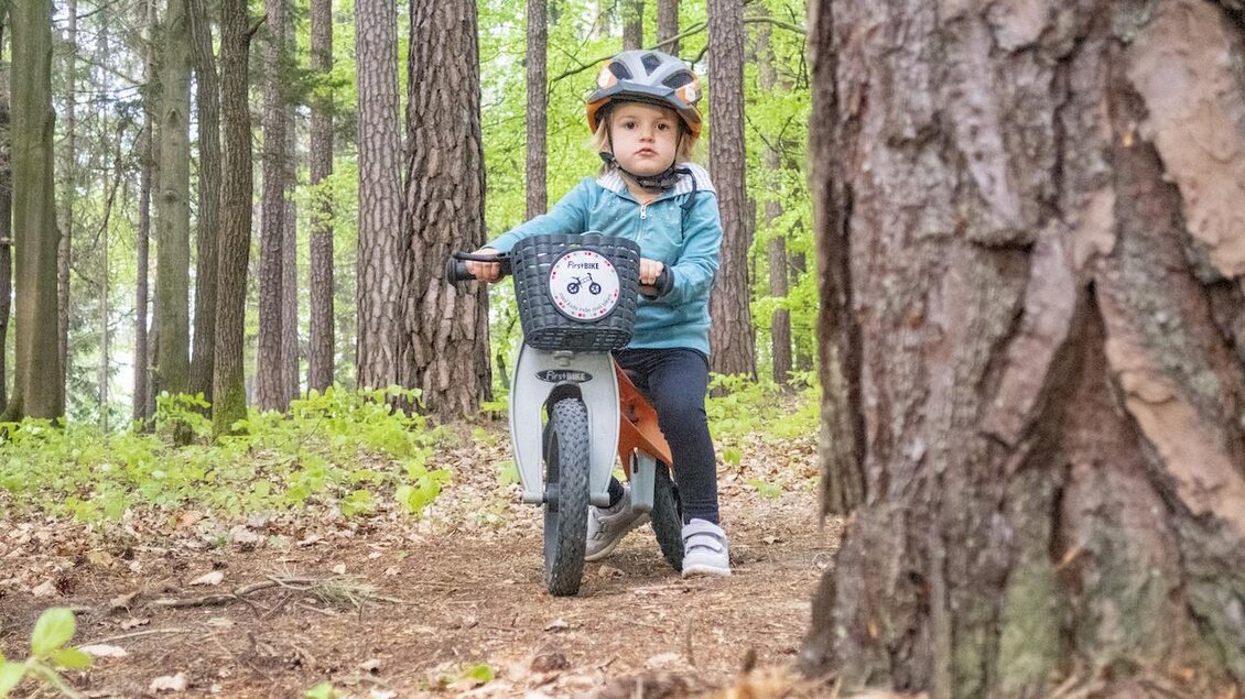 Ein kleines Kind fährt auf einem (Laufrad) durch einen Wald. Die Umgebung ist grün und die Bäume stehen hoch. | © 3Eiben Kids Bike Park