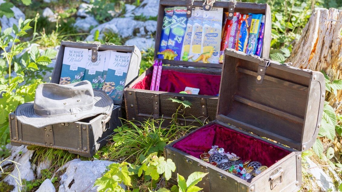 Zwei Schatztruhen stehen auf grünem Gras, umgeben von Steinen und Bäumen. Eine Truhe ist geöffnet und zeigt bunte Süßigkeiten und Spielzeuge. | © www.zloam.at