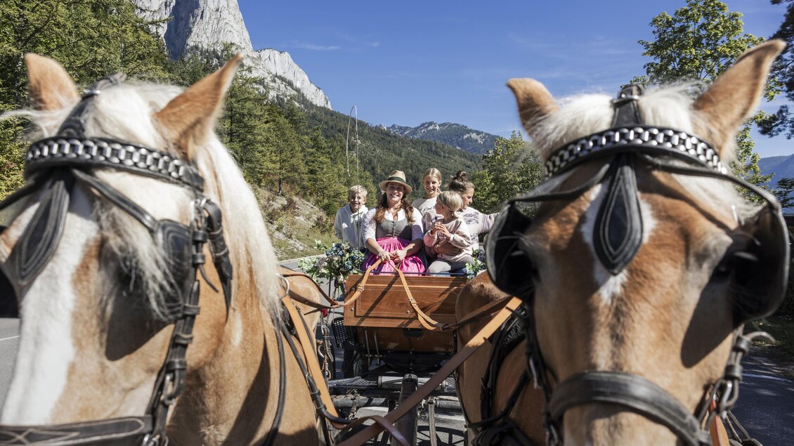 Eine Pferdekutsche fährt durch die Landschaft mit Bergen im Hintergrund. Eine Gruppe von Personen sitzt in der Kutsche und genießt die Fahrt. | © www.zloam.at