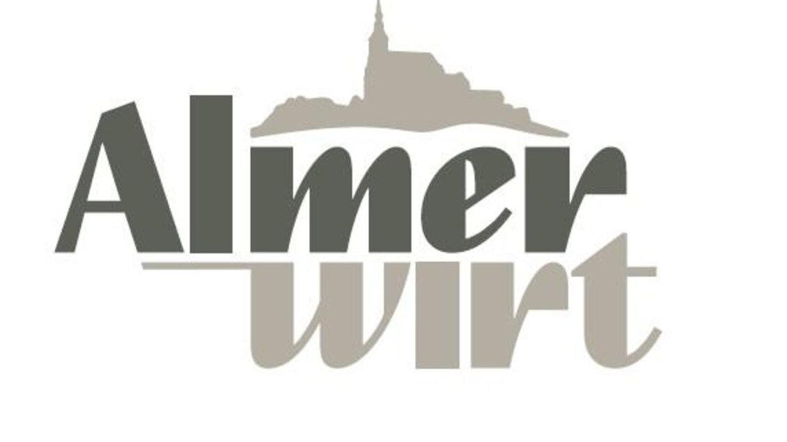 Ein modernes Logo für "Almer Wirt" mit einer stilisierten Darstellung einer Burg im Hintergrund. Die Schrift ist klar und in neutralen Farben gehalten. | © Almerwirt